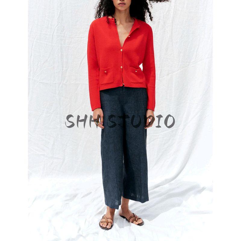 Summer New Women clothes Rib Decorative Layer Golden Breasted round Neck Long sleeve Simple Knitted Outerwear 6427048