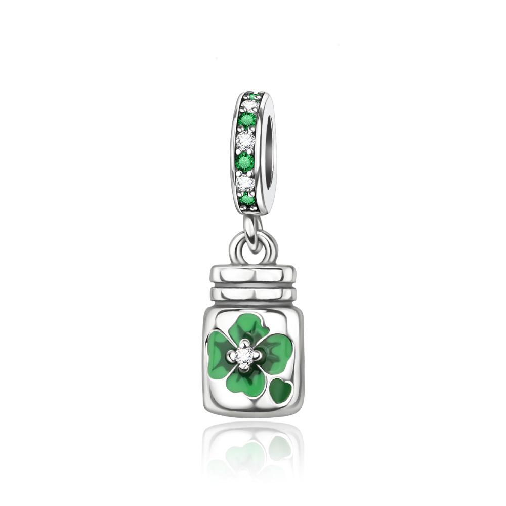S925 Silver DIY Fashion Four Leaf Clover Beaded Jewelry Accessories Lucky Pendant