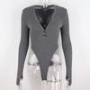 Deep V Low-Cut Long Sleeve Bodysuit Top with Button and Finger Hook for Women, Slim Fit.