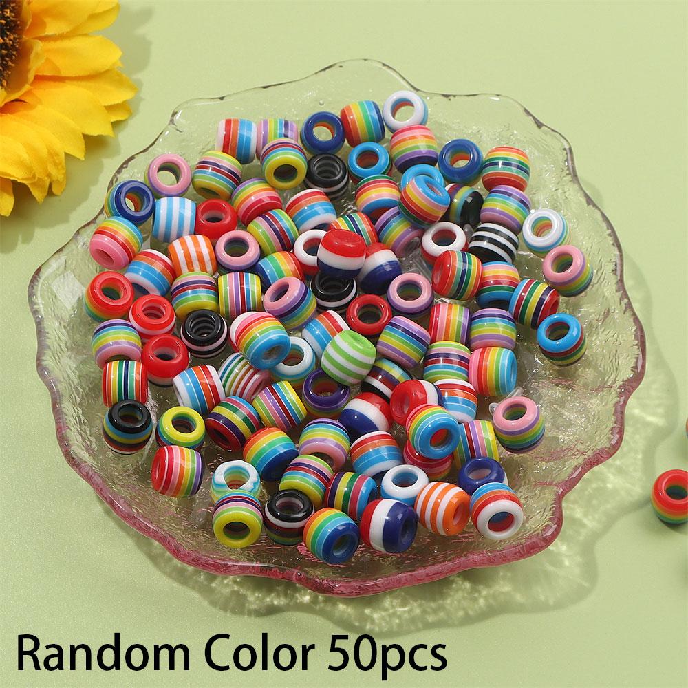 30/50/100pcs Rainbow striped European style large hole bead bucket drum resin sliding loose circular spacer beads, DIY snake chain bracelet