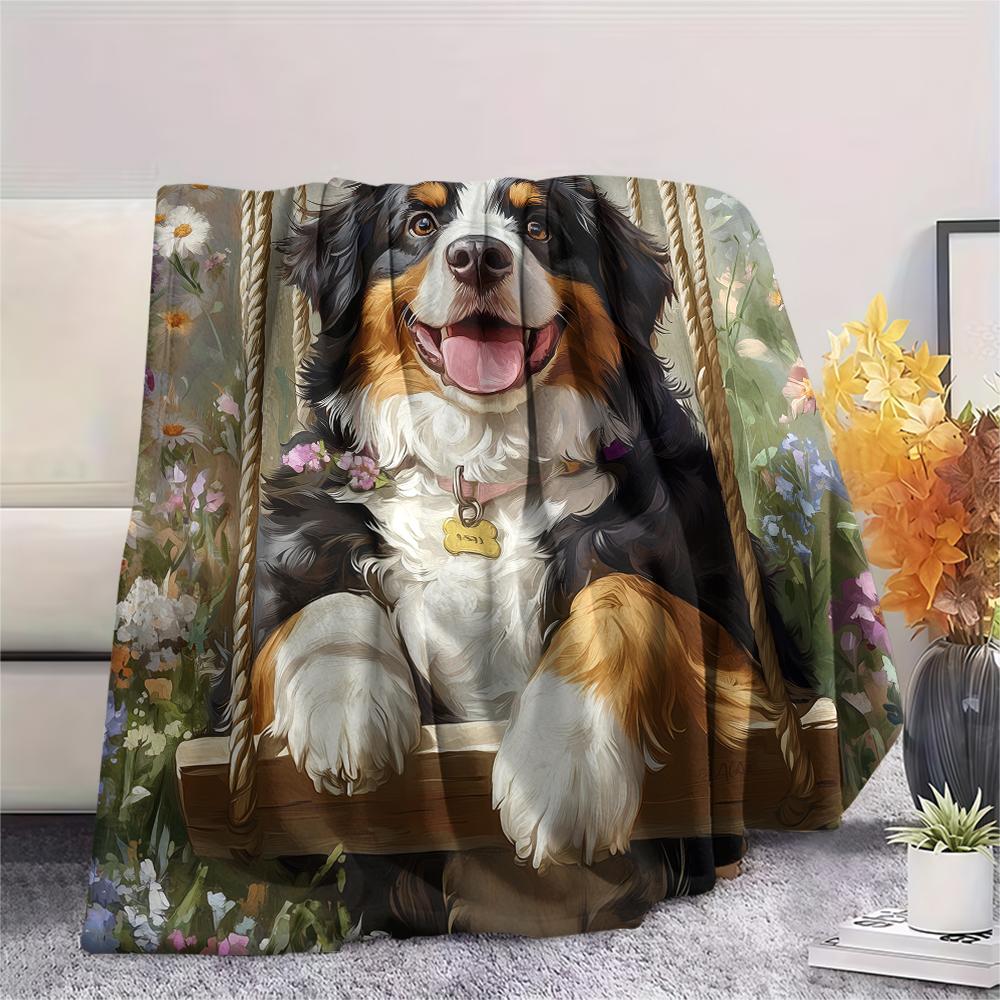 Bernese Mountain Dog and Flowers pattern Flannel Blanket, High quality Comfortable for All Seasons, Home Decor, Warmth and Comfort, Perfect for Gifts.