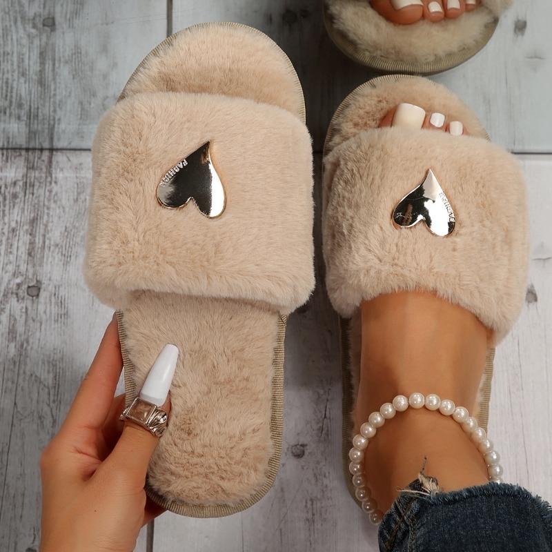 Women's Heart Shaped Flat Faux Rabbit Fur Slippers, Casual Indoor Home Footwear, Plus Size Warm Comfortable Slip On House Shoes