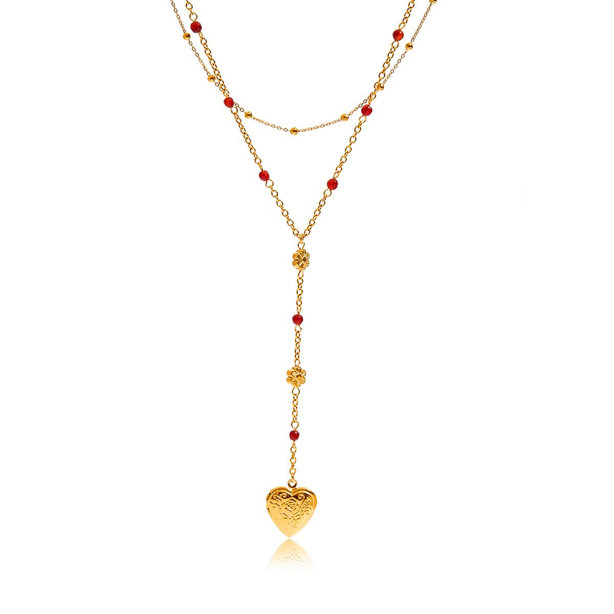 

Yori Heart Photo Box Pendant Double Layer Beaded Necklace Rust Proof Statement 18K Gold PVD Plated Individualistic Jewelry