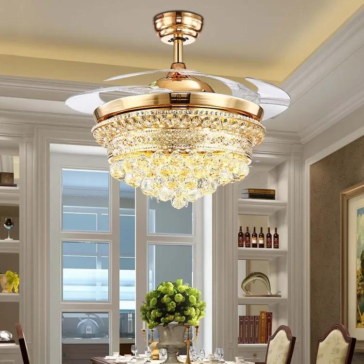 Modern Luxury Crystal Chandelier Atmosphere Living Room Fan Light Remote Control Chandelier Bedroom Dining Room Ventilation