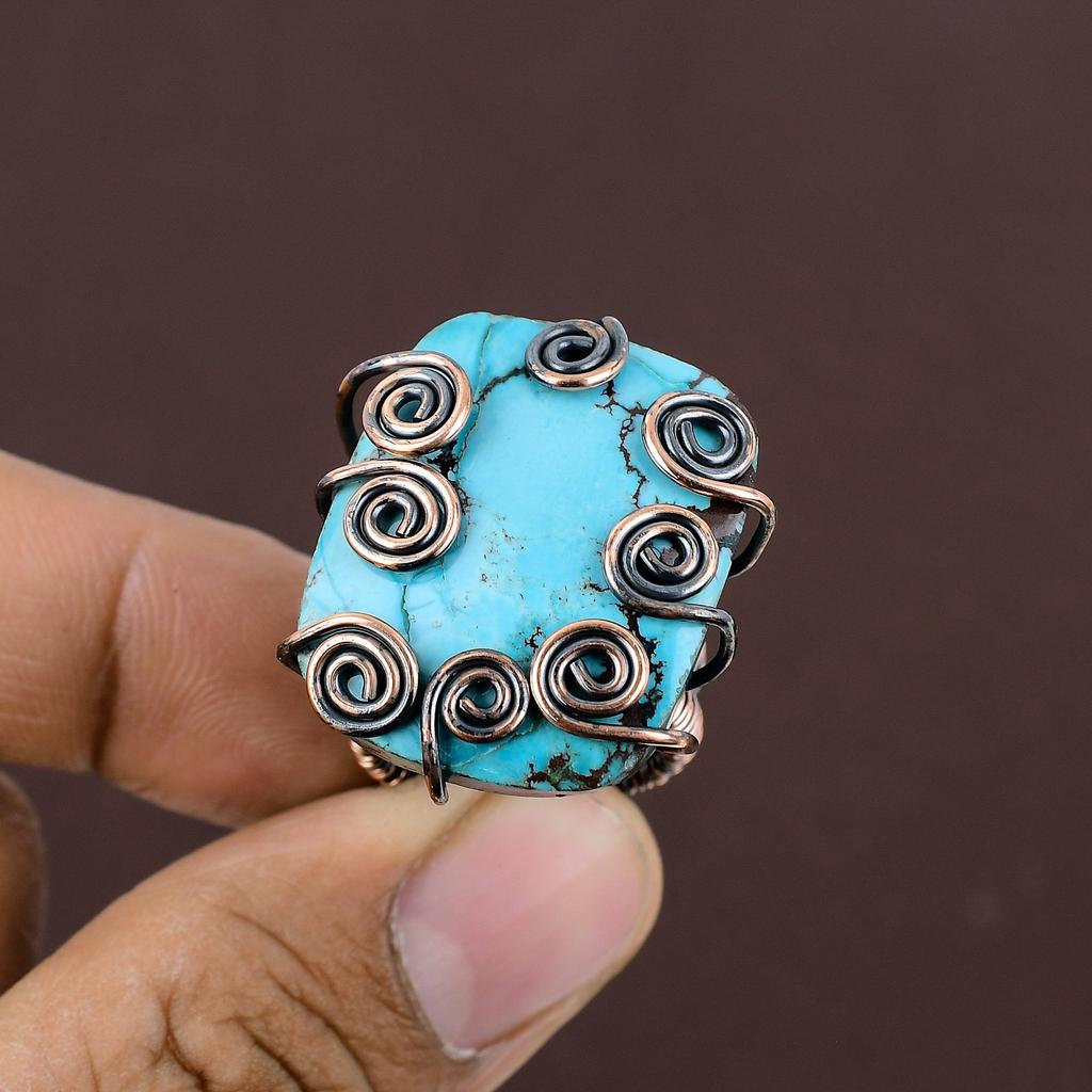 Natural Tibetan Turquoise Gemstone Handmade Copper Wire Wrap Ring Size 6 n1E69