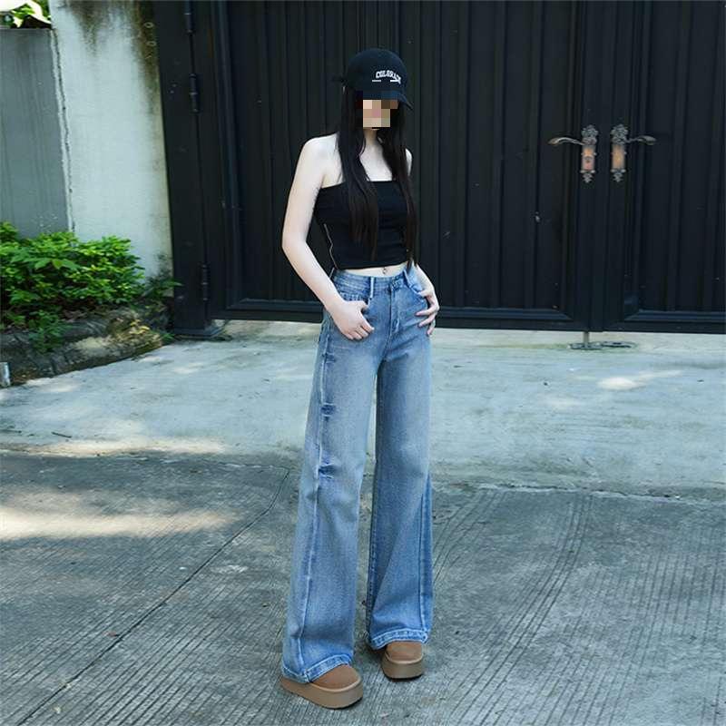 

Vintage Plus Size Low-Rise Washed American Straight Leg Jeans for Women - Autumn/Winter Ripped Micro-Flare Floor-Length Pants X-Small
