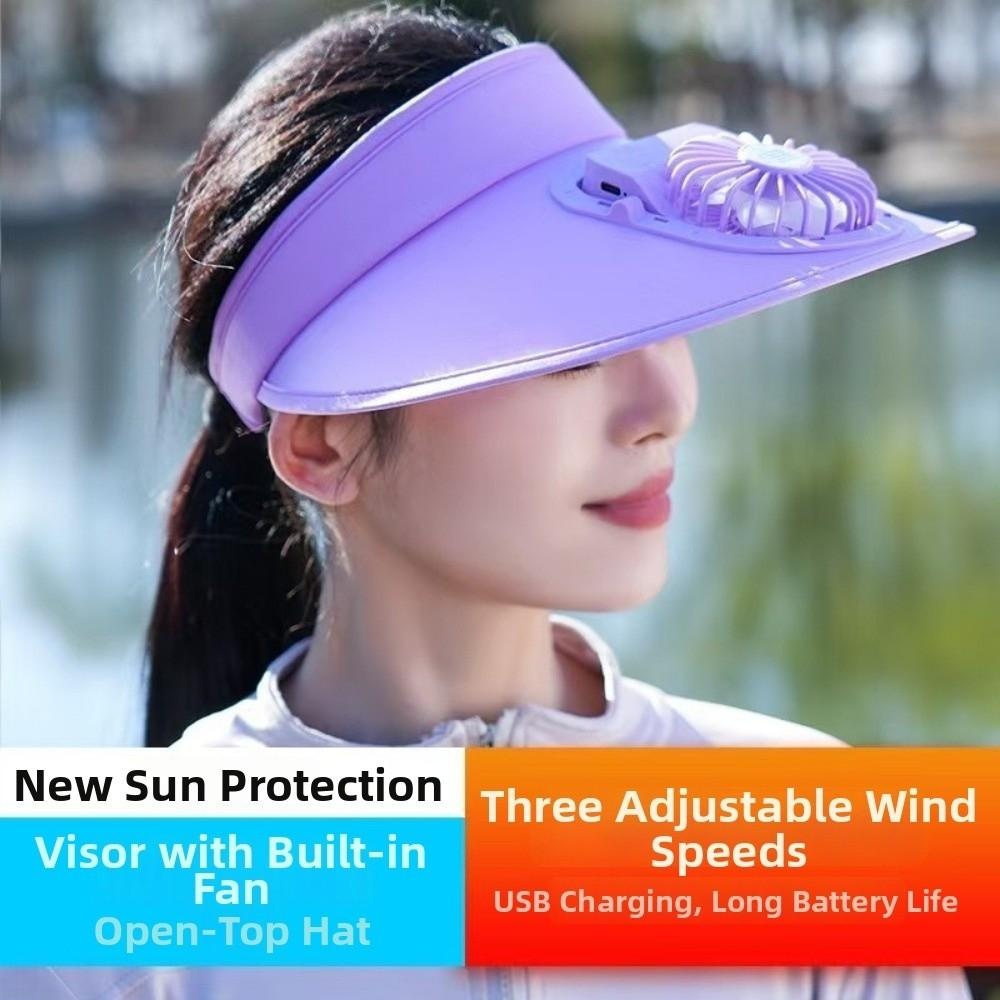 Großer Rand Kühlender Ventilator Hut USB Wiederaufladbar Damen Sonnenhut Freizeit Leerer Oberteil Sonnenschutz Kappe Damen