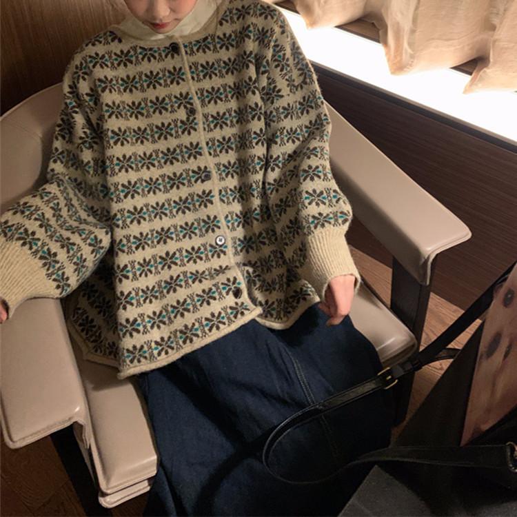 Color Matching Flowers Retro New Autumn and Winter Loose Knitted Sweater Round Neck Soft Waxy Sweater Cardigan Jacket Women