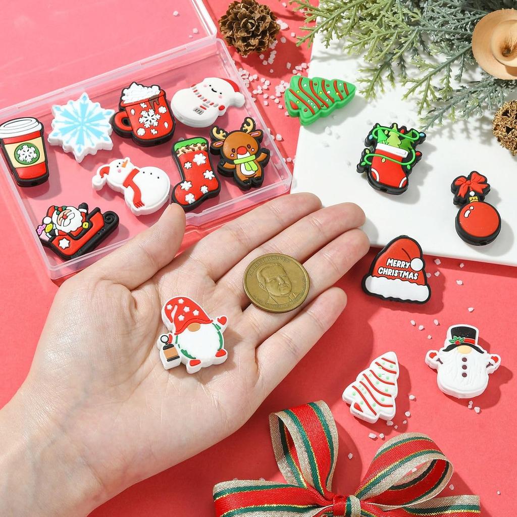LiQunSweet 15 Pcs 15 Styles Christmas Theme Silicone Beads Santa Claus Tree Socks Snowman Snowflake Beads for DIY Jewelry Keychain Pen Craft