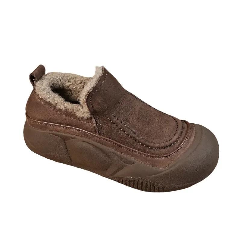 Fashion Women's Winter Plush Fluffy Warm Snow Boots Casual Solid Color Slip on Flat Ankle Boots Woman Faux Suede Thick Sole Cotton Shoes