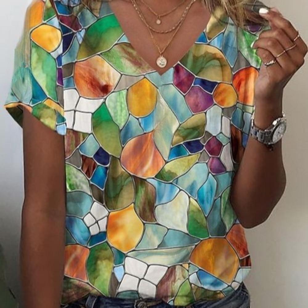 Colorful Creative 3D Pattern Summer Short Sleeved T-shirt Fashionable Comfortable Oversized Breathable Women's V-neck T-shirt