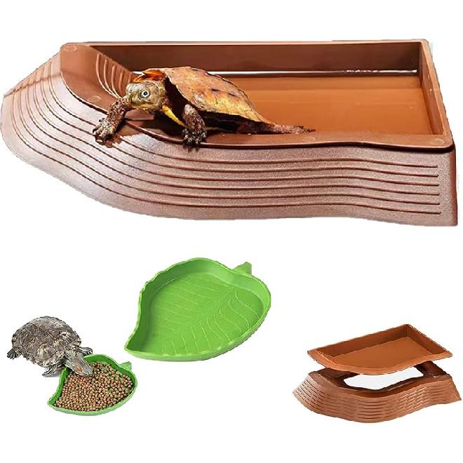 3PCS Tortoise Water Bowls with Ramp Leaf Tortoise Food Dish Reptile Food Water Bowls Reptile Bathing Pool Aquarium Ornament for Gecko, Snake, Turtle, Small