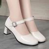 Women Glossy Leather Block Heel Mary Jane Shoes Spring Autumn New Soft Sole Round Toe Shallow Buckle Strap High Heel Nude Shoes