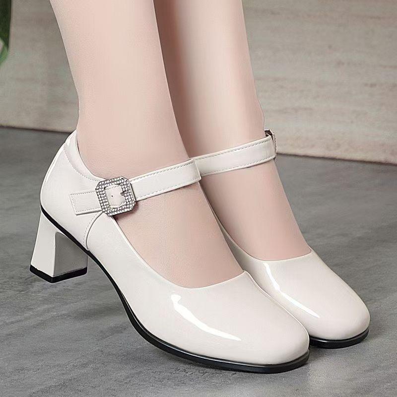 Women Glossy Leather Block Heel Mary Jane Shoes Spring Autumn New Soft Sole Round Toe Shallow Buckle Strap High Heel Nude Shoes