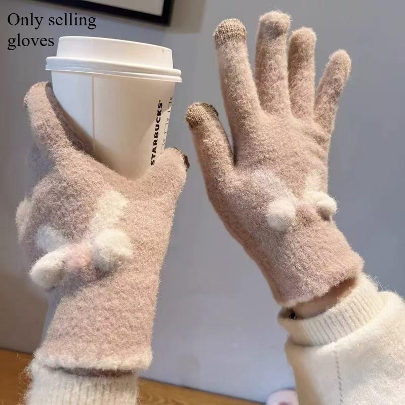 Touchscreen Knitted Gloves for Women  Autumn and Winter Knitted Yarn for Warmth Five Finger Cute Students
