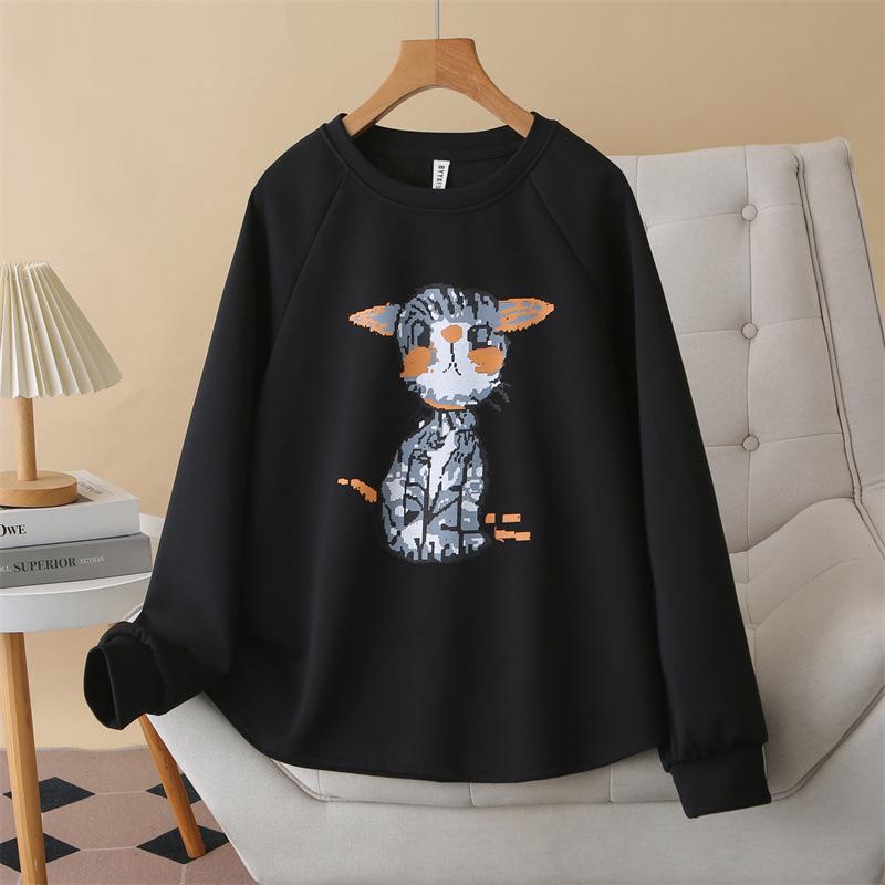 

Spring 2026 Plus Size Women s Cartoon Print Long Sleeve Round Neck Air Cotton Hoodie Pullover 2XL чорний