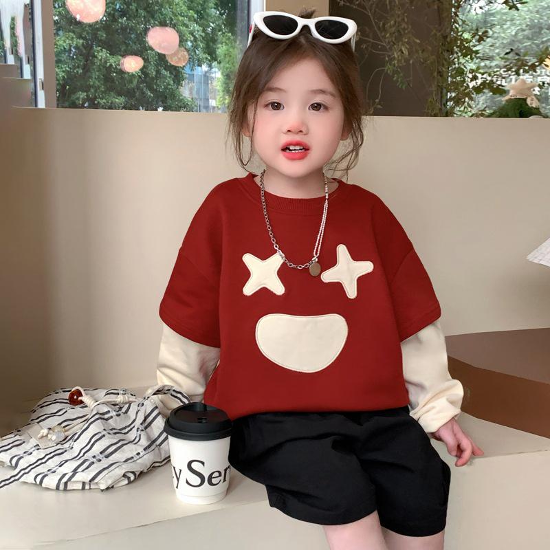 2025 New Girls' Stylish Fake Two-Piece Sweatshirt for Spring and Autumn