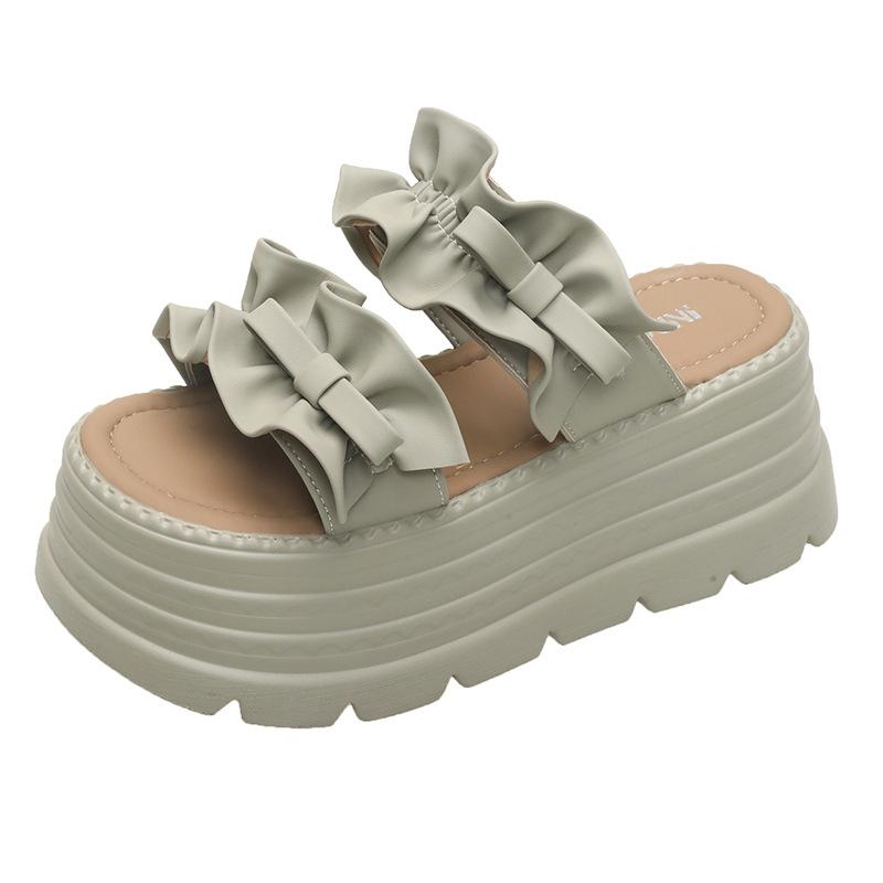 

Thick-soled one-word slippers women s 2025 summer new pleated lace high-end wedge heel European goods show high outer sandals 39 светло-зеленый