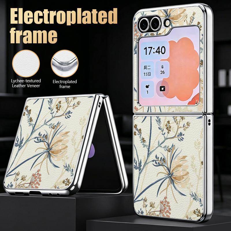 Pastoral Wildflower Case For Samsung Z Flip 8 7 6 5 Hybrid 3in1 Leather Skin Plating Frame Hard Folding Phone Cover For Galaxy Z Flip8 Flip7 Flip6