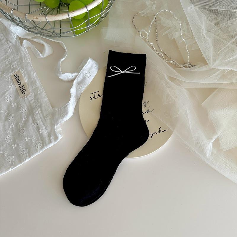 Socks, Leather Bow Versatile Sweet Mesh Medium Socks, Boneless Socks One size чёрный