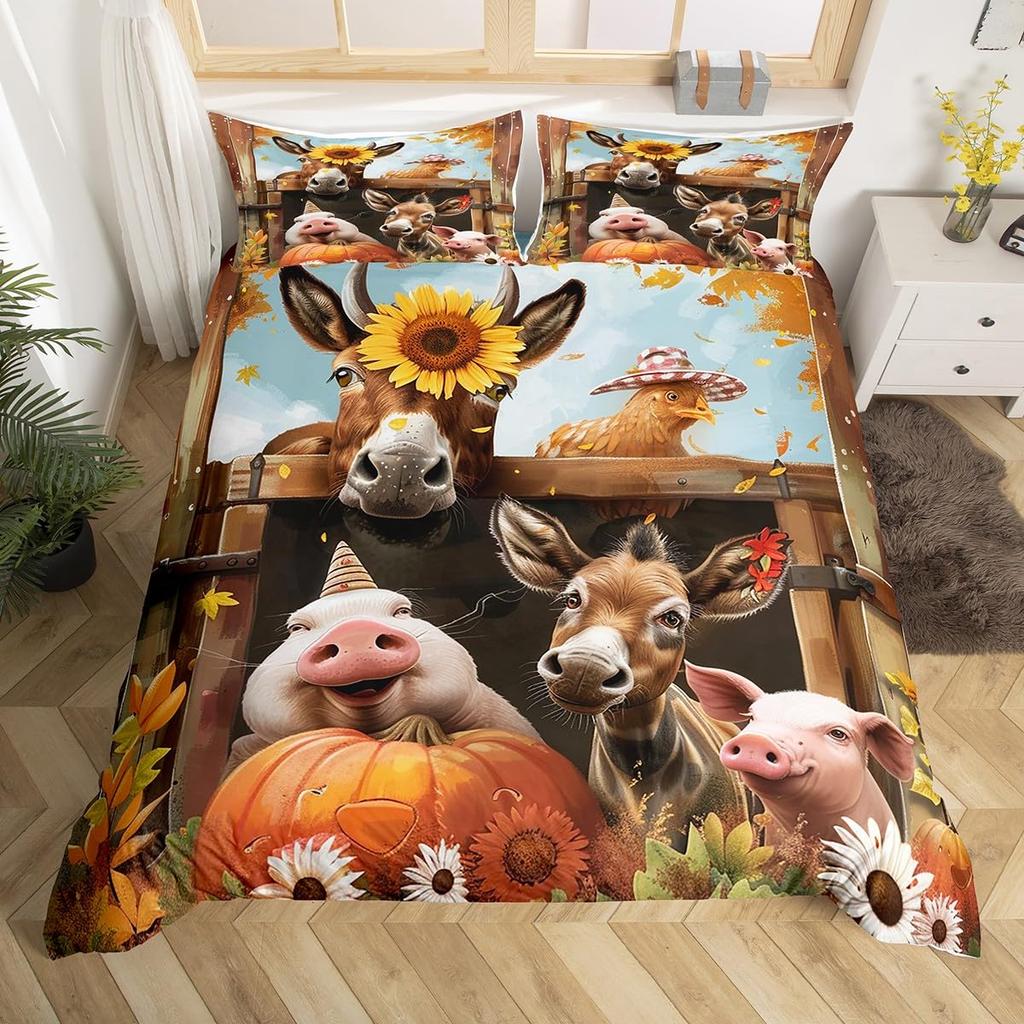 Cute Donkey Duvet Cover Rustic Barn Door Full Bedding Set Farmhouse Decor Farm Animals Comforter Cover Sunflower Flower Bed Set
