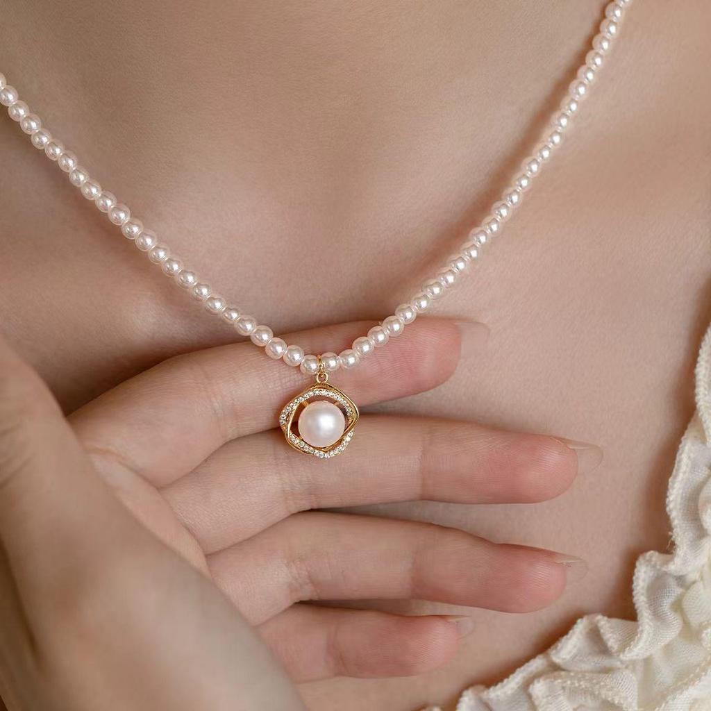 925 Sterlingsilber Französische Retro Süßwasserperlenkette für Damen - High-End Kleiner Reisperlen Choker mit Anhänger