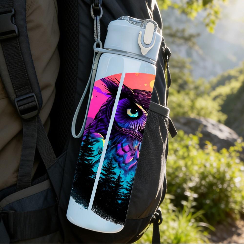 1PC Rainbow Colorful Owl 750ml Color Plastic Sports Water Bottle Leakproof Flip Straw Lid Suitable for Sports Office Home Use