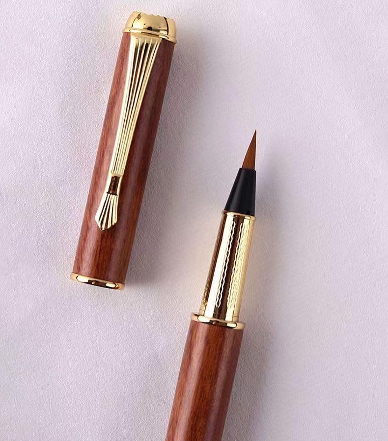 Sandalwood Brush Pen: Portable Calligraphy Soft Tip, Regular Script Ink Cartridge, Engravable Pen