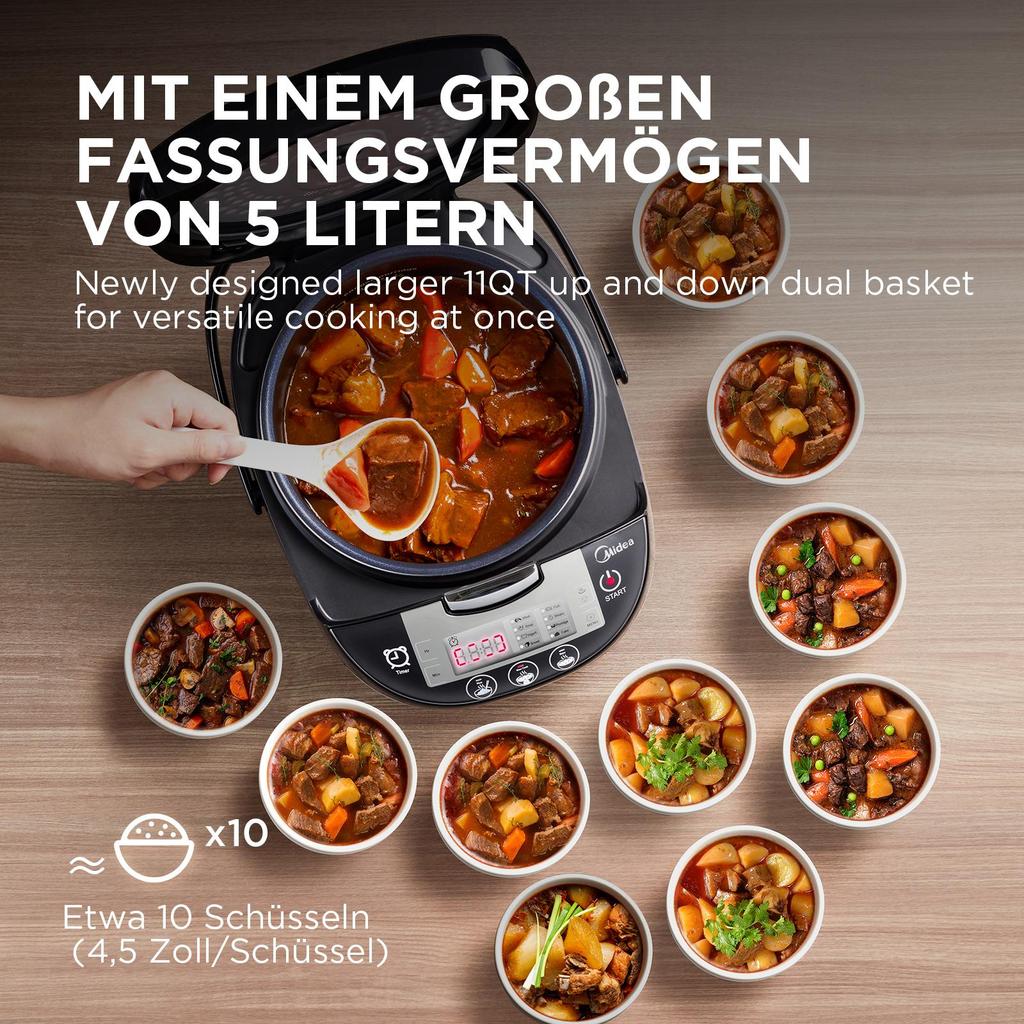 Midea Reiskocher mit Dampfgarer und Warmhaltefunktion, Multikocher mit antihaftbeschichtetem Innentopf