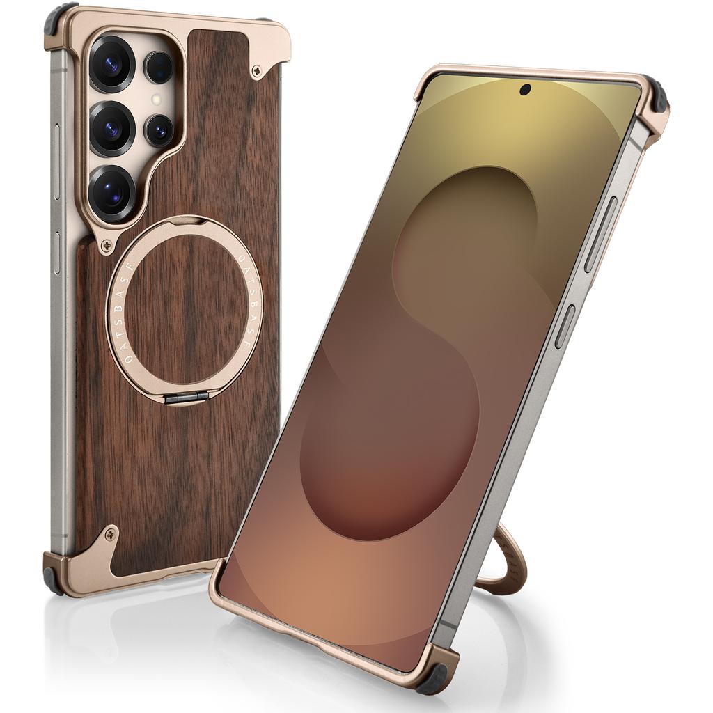 Eary Wood Case for Galaxy S25 S24 Ultra With 360° Rotation Kickstand Shockproof Protective Cover Unique Wooden Design Frameless