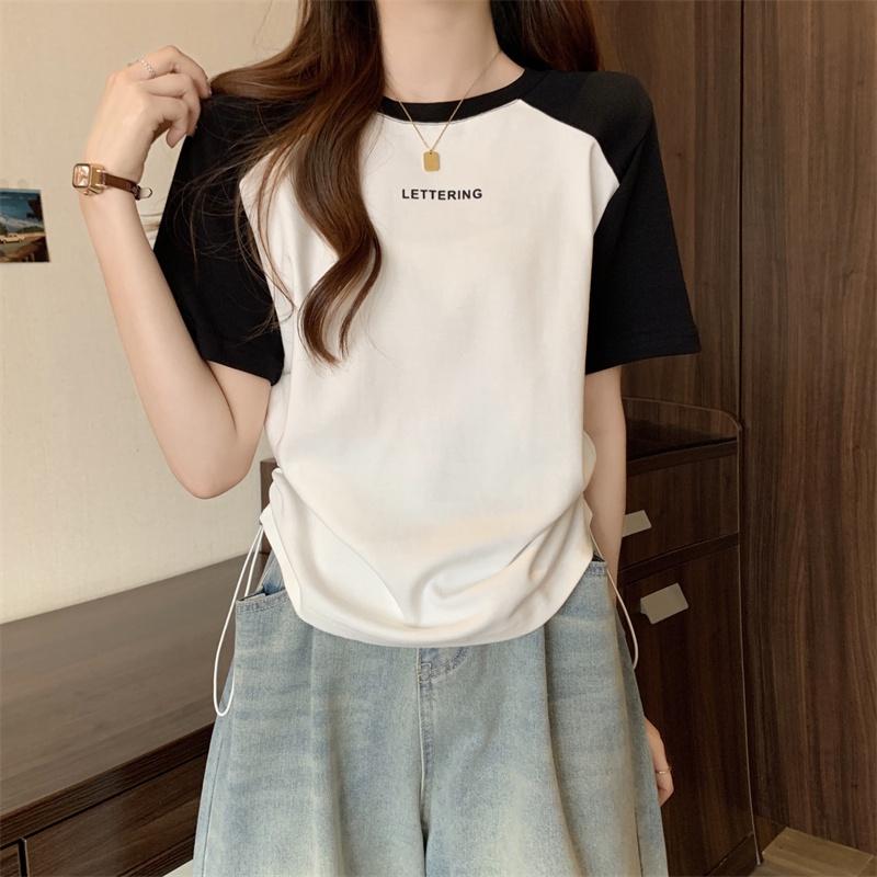 Damen Raglanärmel T-Shirt Buchstabendruck Kordelzug Raffung Lässig Kurzarm Crop Top für den Sommer