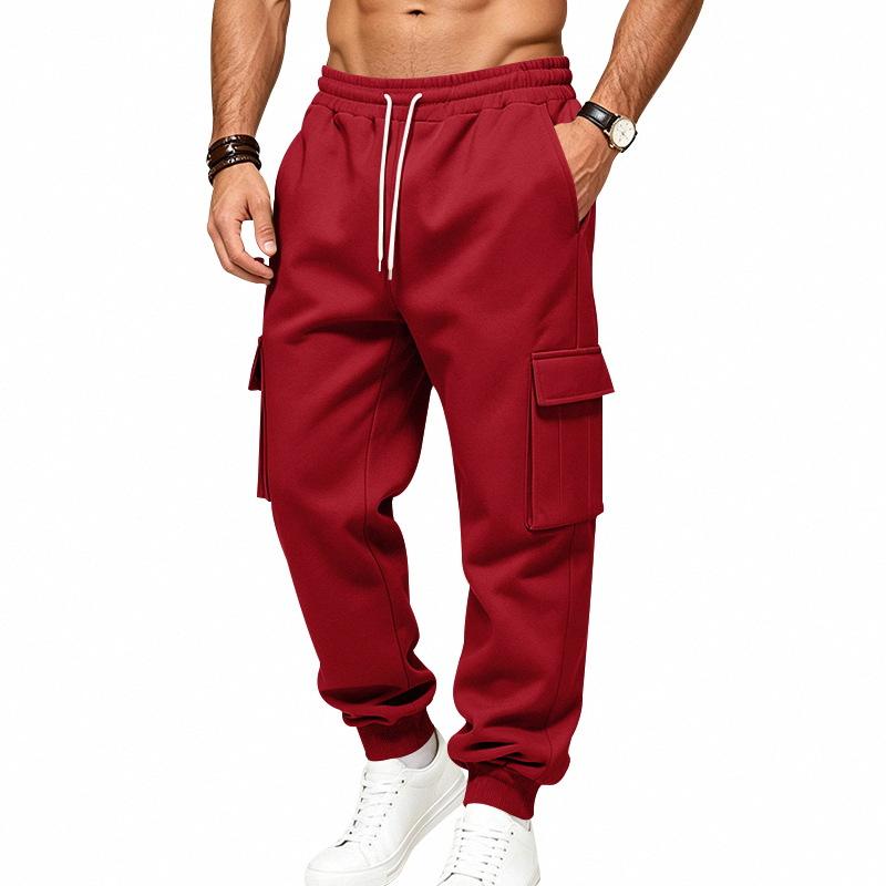 Men S Fleece Lined Cargo Sweatpants Drawstring Waist Multi Pockets Jogger Pants