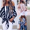 Women Striped Off Shoulder Waist Tie Blouse Short Sleeve Casual T Shirts Tops