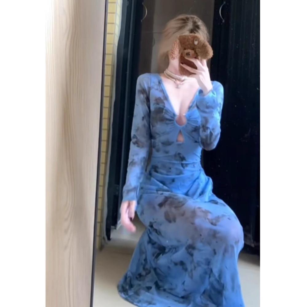 Blue print long-sleeved celebrity sexy dress casual design spring temperament V-neck body fishtail dress