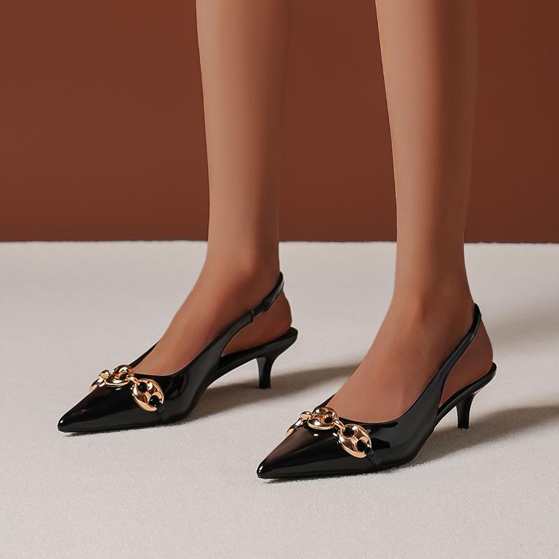 Fashion Female Sandal Leather Women's Summer Shoes Med High Heels Girls Stiletto Sexy Closed Pointed Retro Medium High-heeled 2025 Chain