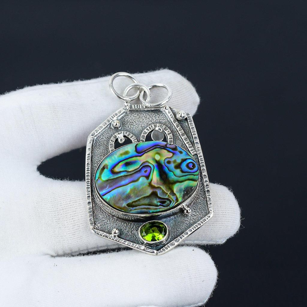 Concha de Abulón, Colgante de Gema Peridoto, Gema de Concha de Abulón Natural Hecho a Mano Plata de Ley 925 Colgante de Concha de Abulón Para Mujeres Colgante Para Regalos