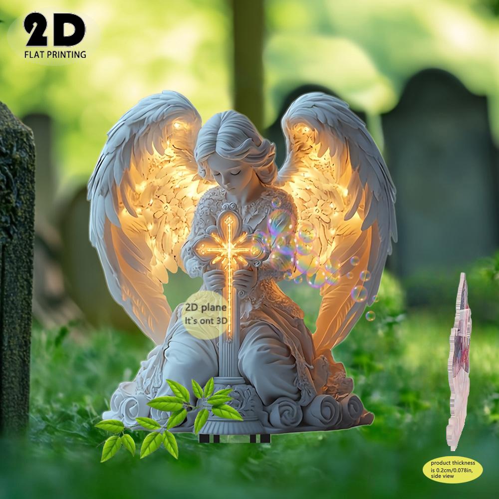 2D Angel Cross Garden Statue Religious Memorial Decor Durable Plastic Lawn Tombstone Mark Christmas Easter Thanksgiving Easy To Install