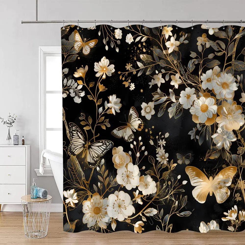 Floral Butterfly Shower Curtains Black and White Flowers Botanical Watercolour Art Modern Minimalist Bathroom Curtain Decor Sets