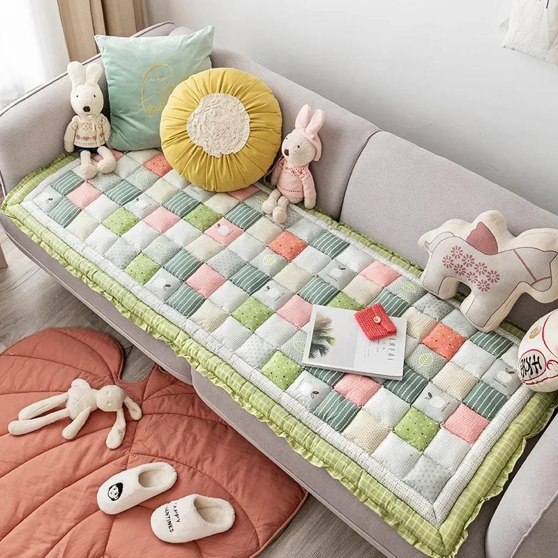 

Cotton Grid Cushion Patchwork Sofa Cushion Plaid Carpet Anti-Slip Rugs Thicken Cushion for Living Room Decor Seat Tatami Mat 50x50cm 1pcs світло-зелений колір