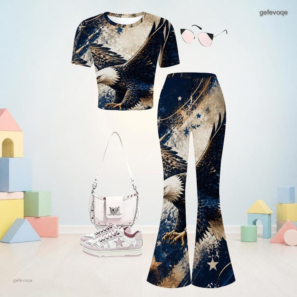 Girls Abstract Printed Round Neck Short Sleeve Top Flared Pants Two Piece Set