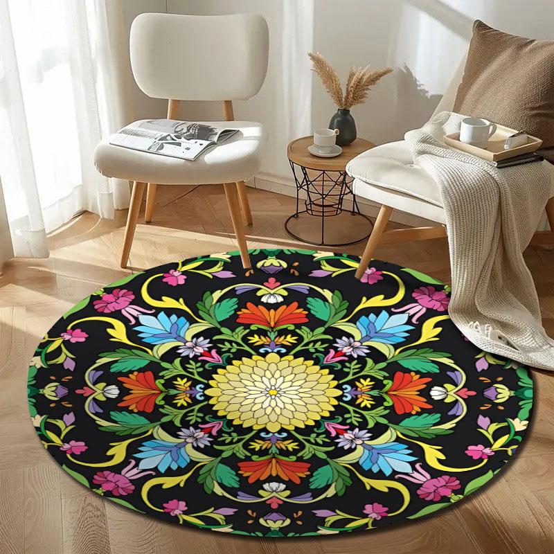Whimsical Round Botanical Multicolor Area Rug, Non-Slip Floor Mat for Kitchen
