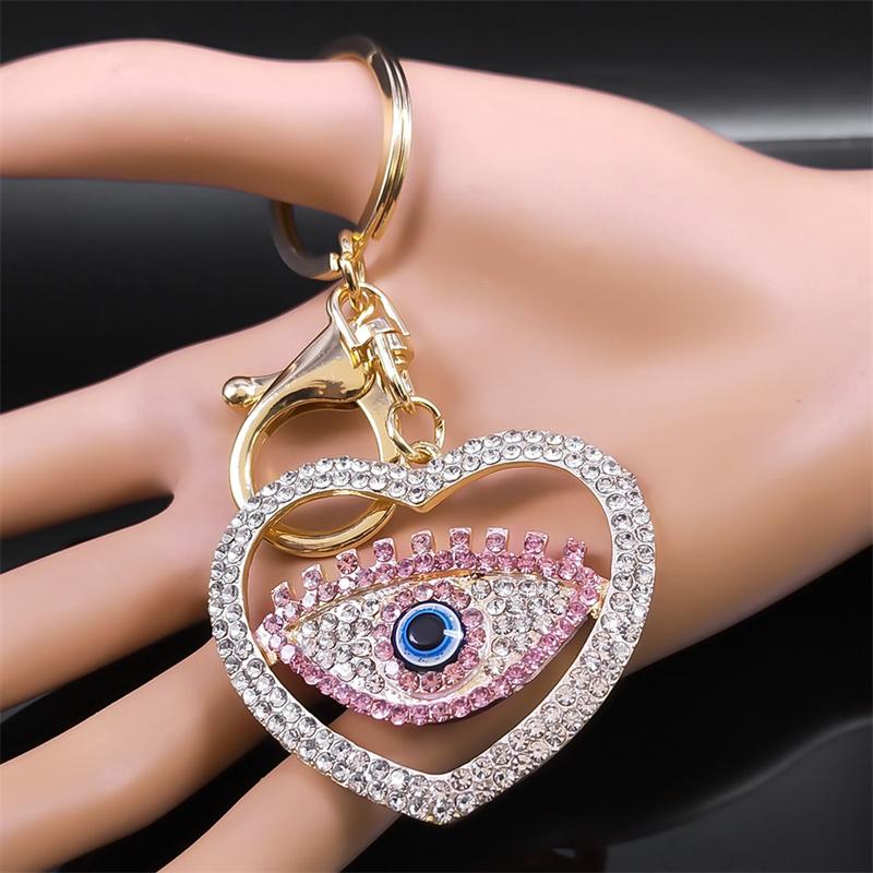 Sweet Pink Crystal Love Heart Evil Blue Eye Key Chain for Women Men Alloy Gold Color Turkish Eyes Hollow Keyring Jewelry Gifts