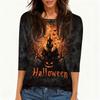 Women’s Casual Halloween Printed Crew Neck Three Quarter Sleeve T Shirt with House Pumpkin and Bat Design for Holiday Wear