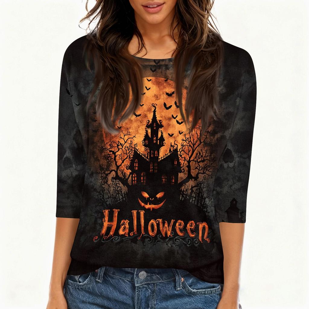 Women’s Casual Halloween Printed Crew Neck Three Quarter Sleeve T Shirt with House Pumpkin and Bat Design for Holiday Wear