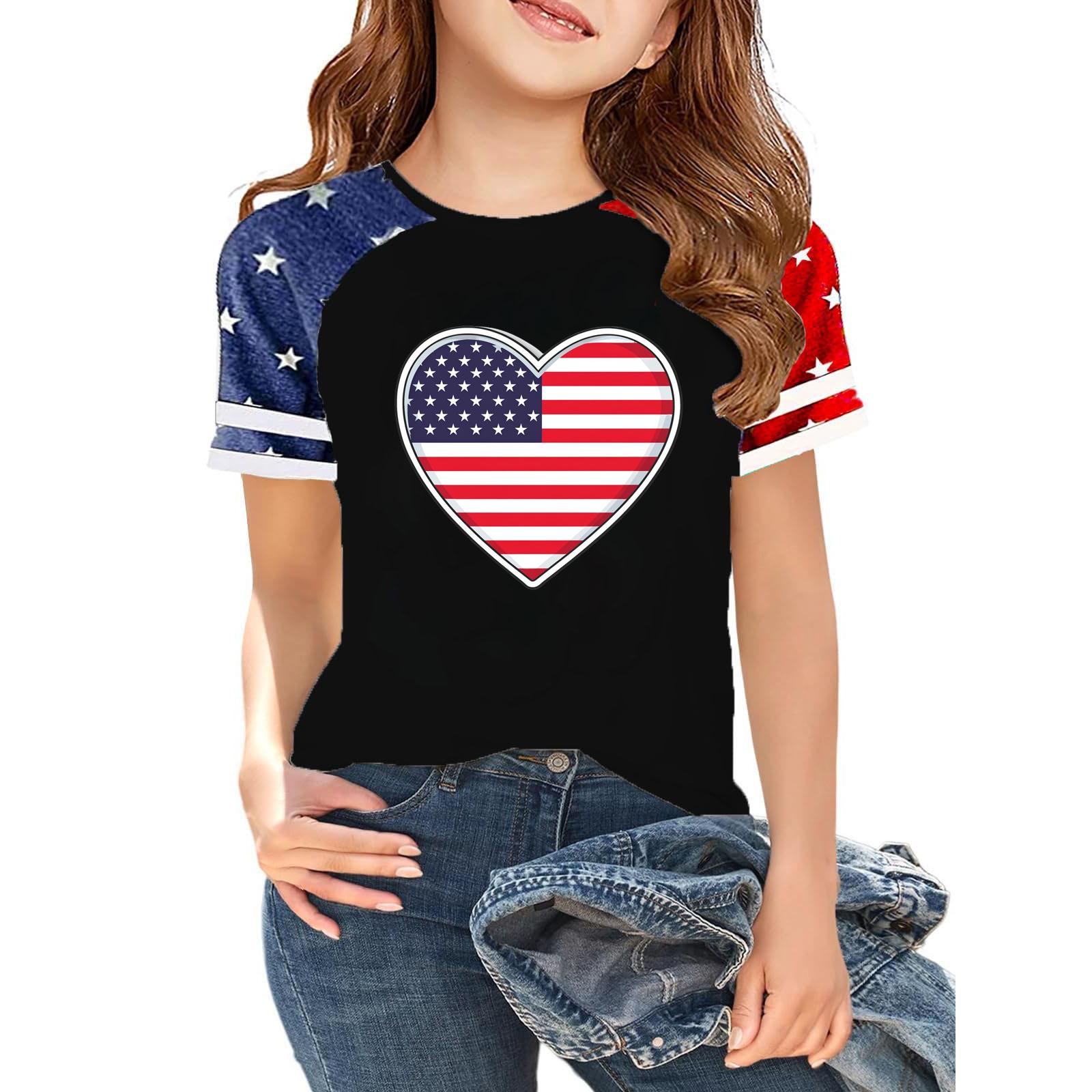 

Kids Independence Day Graphic T-Shirt Crew Neck Short Sleeve Casual Tee with Star Print Raglan Sleeves Lightweight Summer Top for Boys Girls 150 тёмно-синий