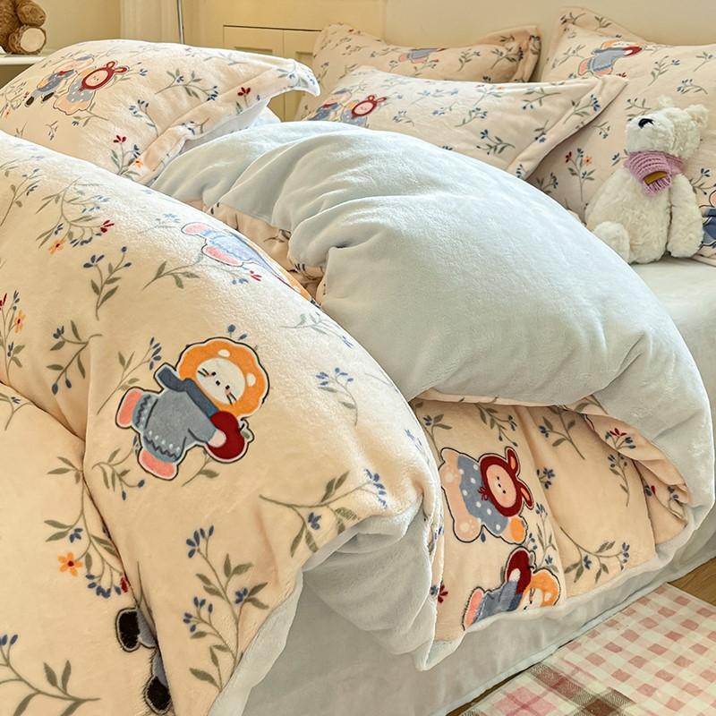 Thickened Milk Fleece Four-Piece Set Cartoon Coral Fleece Quilt Cover Fleece Bedding Flannel Sheets