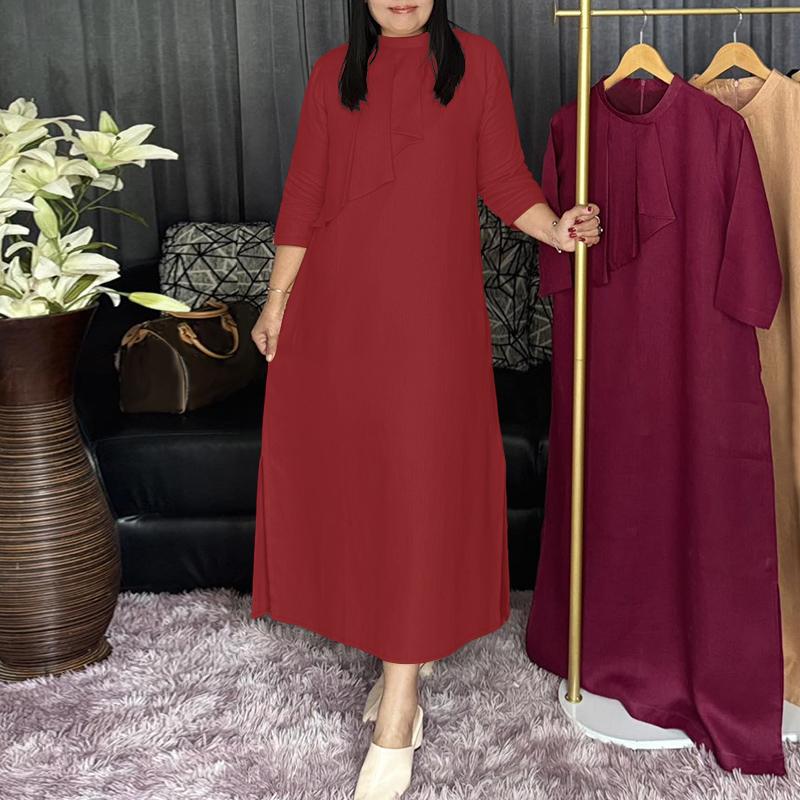 

ZANZEA Women Casual Stand Collar Loose 3/4 Sleeve Solid Dress 3XL вина червоного кольору