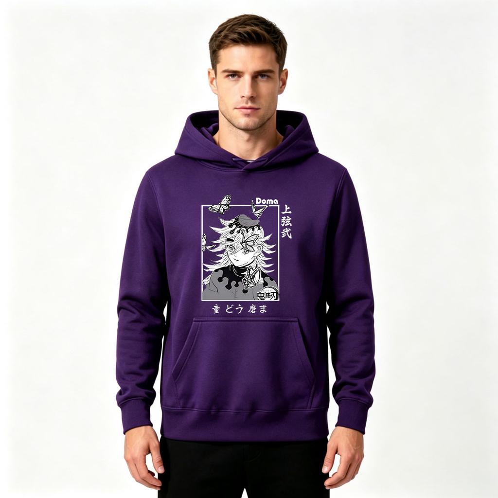 Anime Demon Slayer Doma Print Men Pullover Hoodie Casual Long Sleeve Sweatshirt