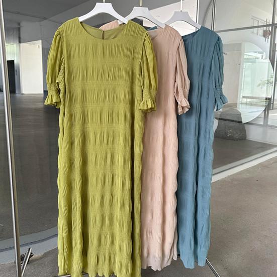 Lady Summer Dress Short Lantern Sleeves Chiffon Textured Loose Patchwork Ruffle Solid