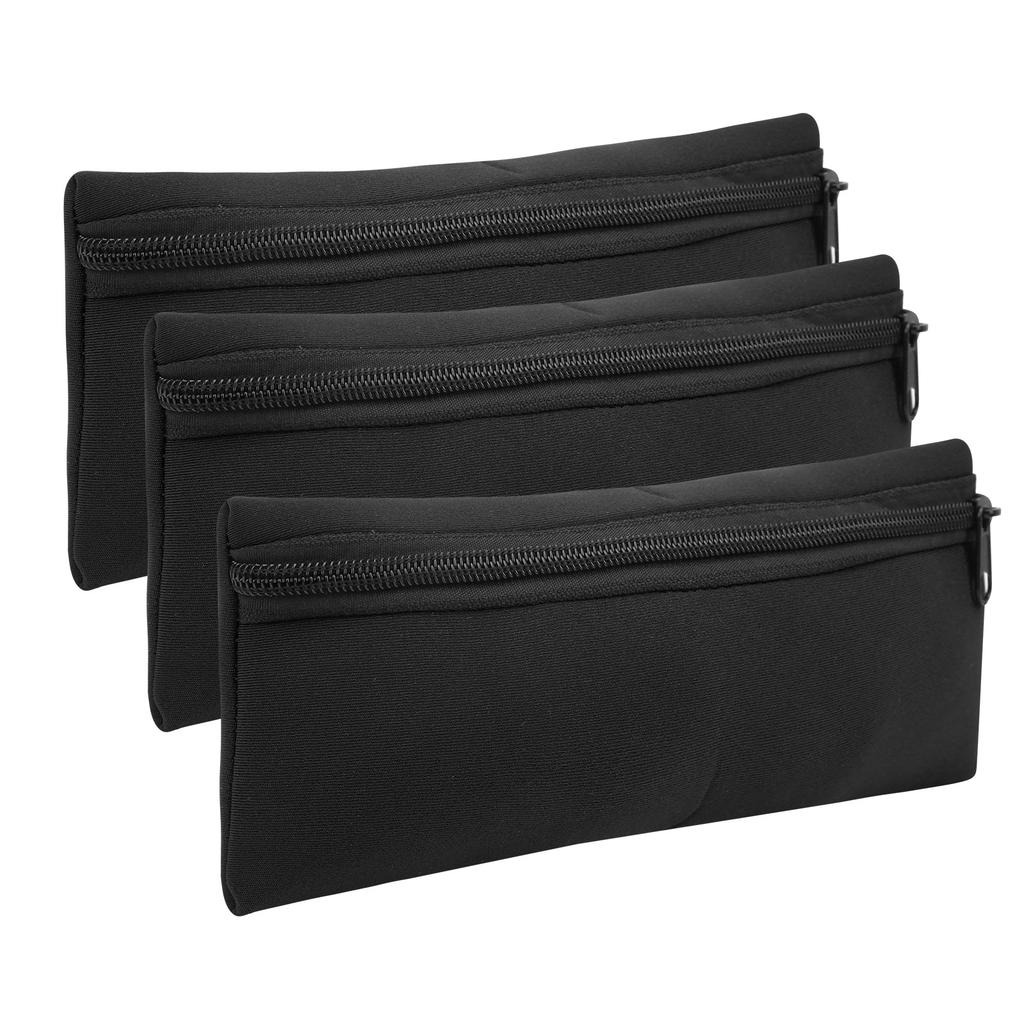 3Pcs Front Zipper Pencil Cases MultiFunction Bag Large Capacity Neoprene Portable Stationery Storage(Black )